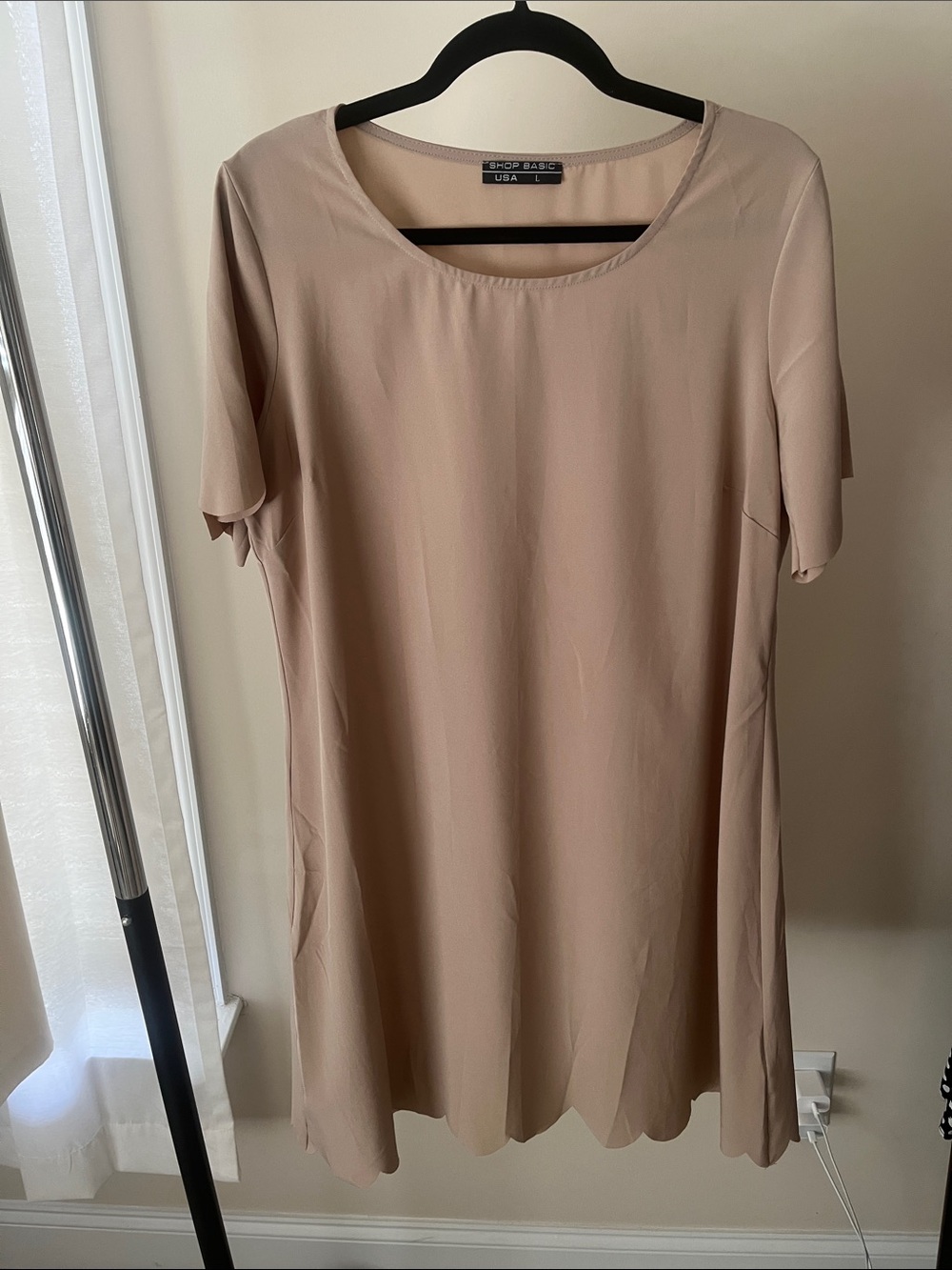 Scallop Hem Beige Short Sleeve Dress